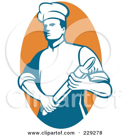 Royalty-Free (RF) Clipart Illustration of a Retro Chef Holding A Rolling Pin Over An Orange Oval by patrimonio