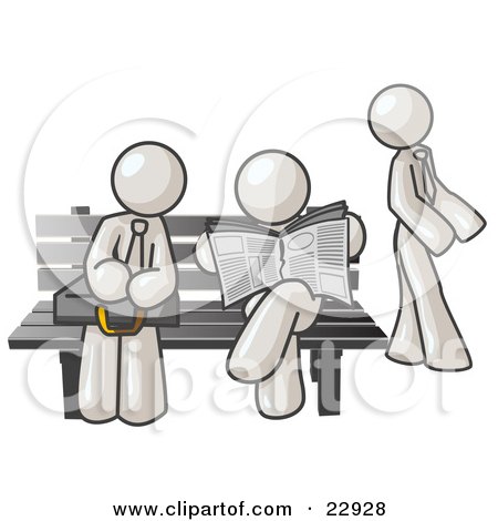 Clipart Illustration of White Men at a Bench at a Bus Stop  by Leo Blanchette