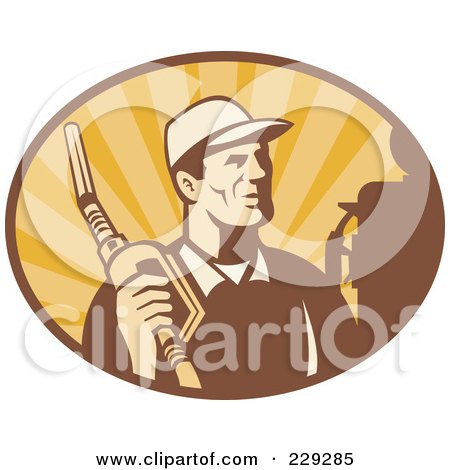 Royalty-Free (RF) Clipart Illustration of a Retro Man Holding A Fuel Nozzle Logo by patrimonio