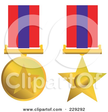 Royalty-Free (RF) Clipart Illustration of a Digital Collage Of Two Gold Star Award Medals by patrimonio