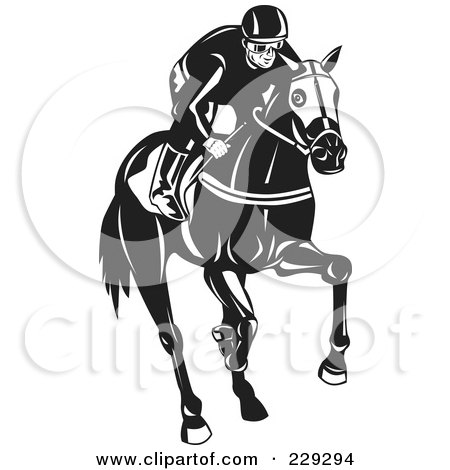 Royalty-Free (RF) Clipart Illustration of a Black And White Jockey On A Horse by patrimonio