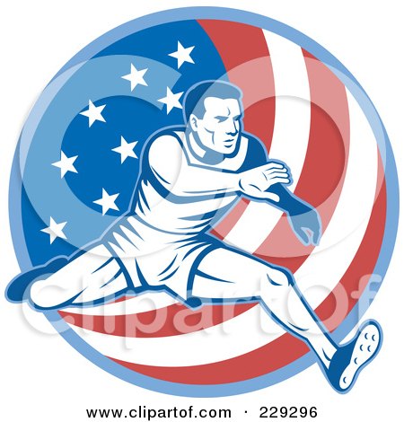 Royalty-Free (RF) Clipart Illustration of a Male American Athlete Running Over A Flag Circle by patrimonio
