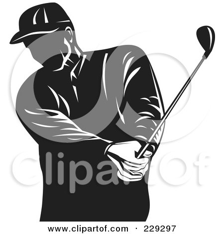 Royalty-Free (RF) Clipart Illustration of a Retro Black And White Golfer Swinging by patrimonio