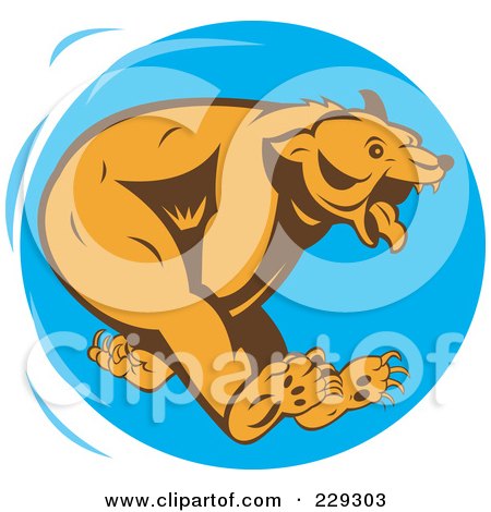 Royalty-Free (RF) Clipart Illustration of a Running Bear Logo Over Blue by patrimonio