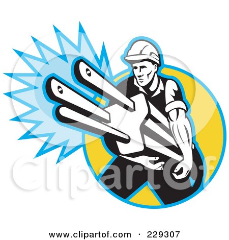 Royalty-Free (RF) Clipart Illustration of a Retro Electrician Carrying A Giant Plug by patrimonio