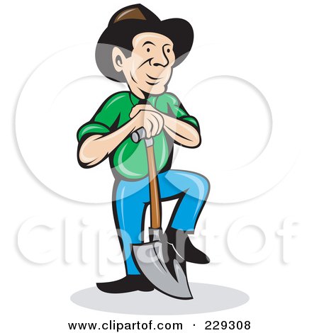 Royalty-Free (RF) Clipart Illustration of a Happy Farmer Resting One Foot On A Shovel by patrimonio