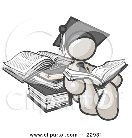 Clipart Illustration of a White Male Student in a Graduation Cap, Reading a Book and Leaning Against a Stack of Books by Leo Blanchette