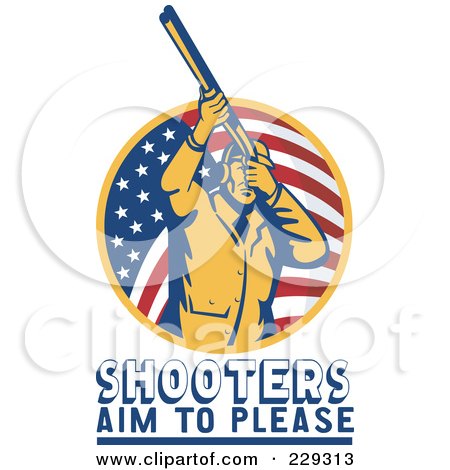 Royalty-Free (RF) Clipart Illustration of Shooters Aim To Please Text Under A Man With A Shotgun by patrimonio