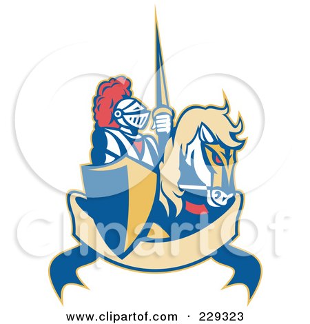 Royalty-Free (RF) Clipart Illustration of a Retro Knight And Steed Banner Logo by patrimonio