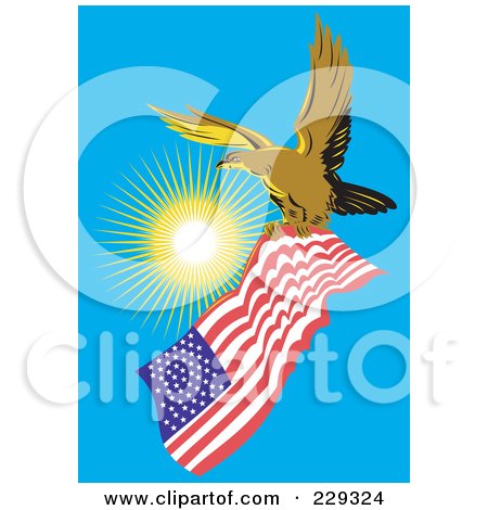 Royalty-Free (RF) Clipart Illustration of an Eagle Flying With An American Flag Against The Sun by patrimonio
