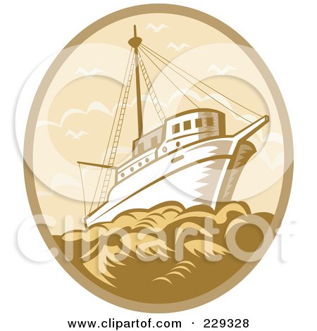 Royalty-Free (RF) Clipart Illustration of a Retro Fishing Boat At Sea Logo by patrimonio