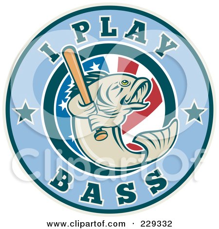 Royalty-Free (RF) Clipart Illustration of I Play Bass Text Around A Fish Holding A Baseball Bat by patrimonio