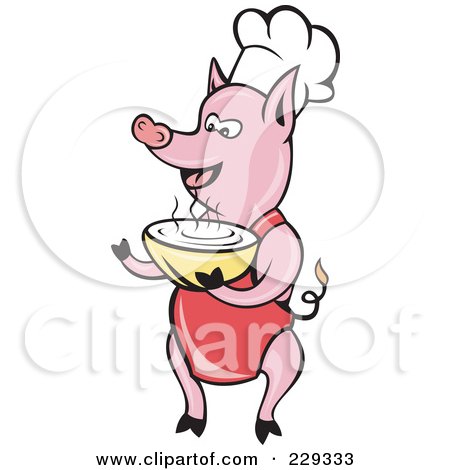 Royalty-Free (RF) Clipart Illustration of a Pink Chef Pig Carrying A Bowl Of Soup by patrimonio
