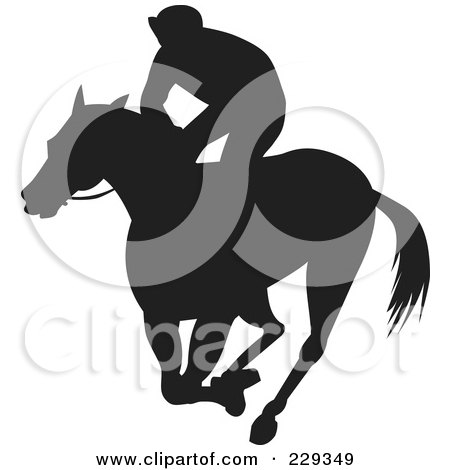 Royalty-Free (RF) Clipart Illustration of a Silhouetted Jockey On A Running Horse by patrimonio