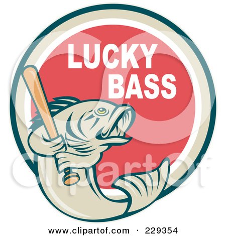 Royalty-Free (RF) Clipart Illustration of Lucky Bass Text Around A Fish Holding A Baseball Bat by patrimonio