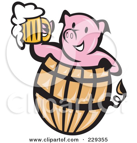Royalty-Free (RF) Clipart Illustration of a Pink Pig Holding Beer In A Barrel by patrimonio