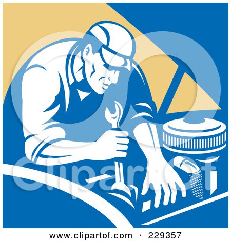 Royalty-Free (RF) Clipart Illustration of a Retro Mechanic Working On An Engine by patrimonio