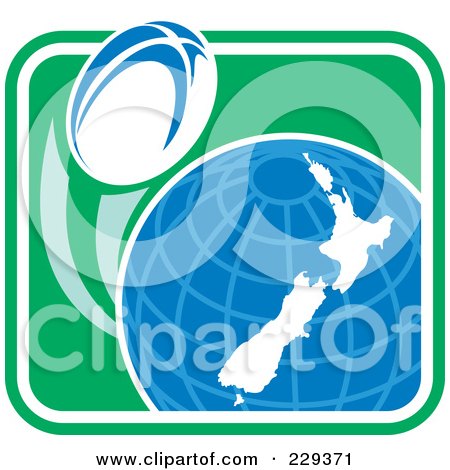 Royalty-Free (RF) Clipart Illustration of a Rugby Ball Flying Around A New Zealand Globe by patrimonio