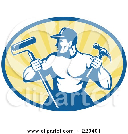 Royalty-Free (RF) Clipart Illustration of a Retro Handyman Holding A Paint Roller And Hammer Logo by patrimonio