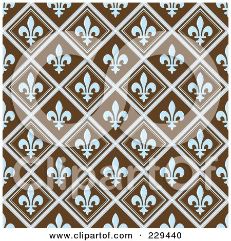 Royalty-Free (RF) Clipart Illustration of a Seamless Background Pattern Of Blue Fleur De Lis Diamonds On Brown by BestVector