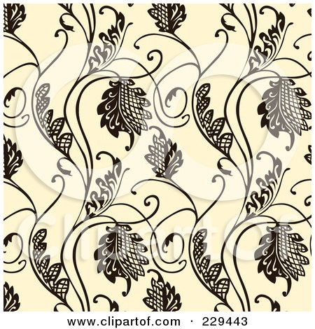Royalty-Free (RF) Clipart Illustration of a Seamless Background Pattern Of Black Leaves On Beige by BestVector