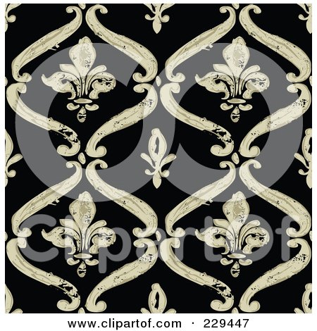 Royalty-Free (RF) Clipart Illustration of a Seamless Background Pattern Of Beige Fleur De Lis Diamonds On Black by BestVector