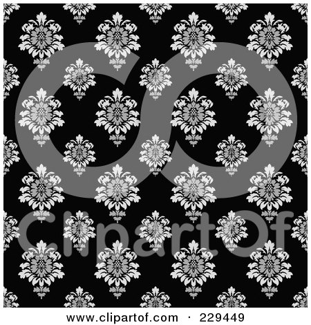 Royalty-Free (RF) Clipart Illustration of a Seamless Background Pattern Of Black And White Floral Damask by BestVector