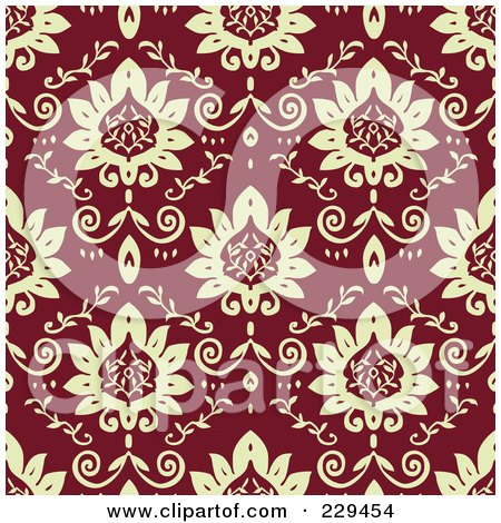 Royalty-Free (RF) Clipart Illustration of a Seamless Background Pattern Of Beige Flowers On Maroon by BestVector