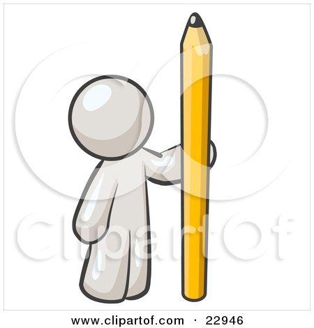 Clipart Illustration of a White Man Holding Up And Standing Beside A Giant Yellow Number Two Pencil by Leo Blanchette