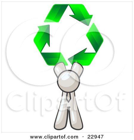 Clipart Illustration of a White Man Holding Up Three Green Arrows Forming A Triangle And Moving In A Clockwise Motion, Symbolizing Renewable Energy And Recycling by Leo Blanchette