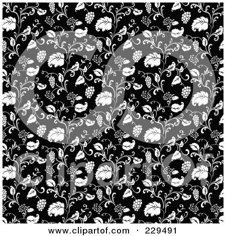 Royalty-Free (RF) Clipart Illustration of a Seamless Background Pattern Of Black And White Leaves And Flowers by BestVector