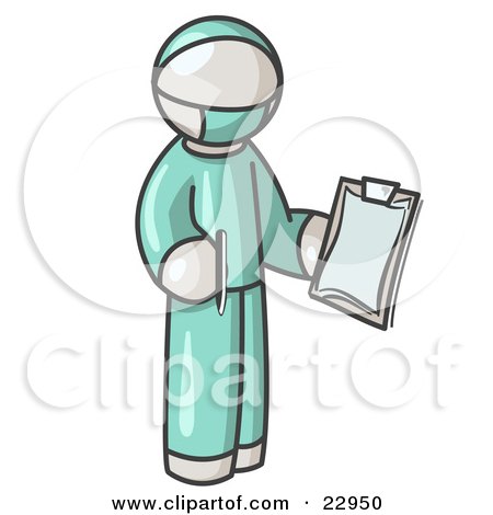 Clipart Illustration of a White Surgeon Man in Green Scrubs, Holding a Pen and Clipboard by Leo Blanchette