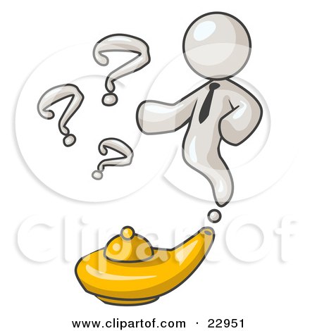 Clipart Illustration of a White Genie Man Emerging From a Golden Lamp With Question Marks by Leo Blanchette