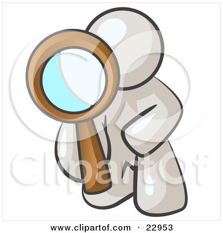 Clipart Illustration of a White Man Kneeling On One Knee To Look Closer At Something While Inspecting Or Investigating by Leo Blanchette
