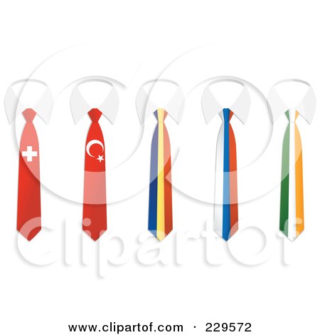 Royalty-Free (RF) Clipart Illustration of a Digital Collage Of Switzerland, Turkey, Andorra, Russia And Ireland Flag Business Ties And White Collars by Qiun