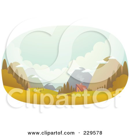 Royalty-Free (RF) Clipart Illustration of a Cabin In A Deserted Valley Surrounded By Mountains by Qiun