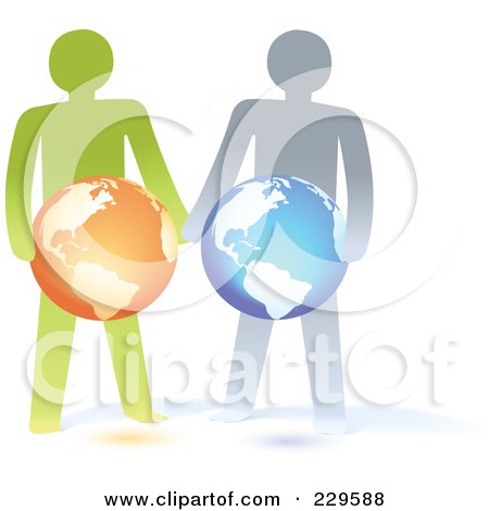 Royalty-Free (RF) Clipart Illustration of Two Paper People Holding Globes by Qiun