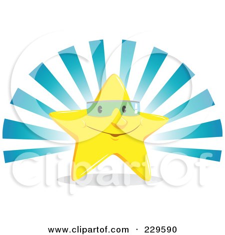 Royalty-Free (RF) Clipart Illustration of a Happy Star Wearing Shades Against Blue Rays by Qiun