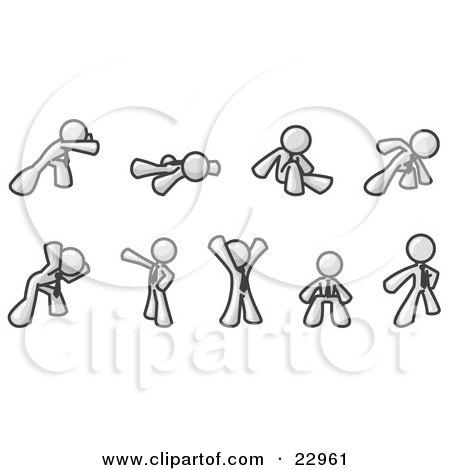Clipart Illustration of a White Man Doing Different Exercises and Stretches in a Fitness Gym  by Leo Blanchette