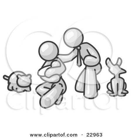 Clipart Illustration of a White Family, Father, Mother And Newborn Baby With Their Dog And Cat by Leo Blanchette