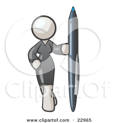 Clipart Illustration of a White Woman In A Gray Dress, Standing With One Hand On Her Hip, Holding A Huge Pen by Leo Blanchette