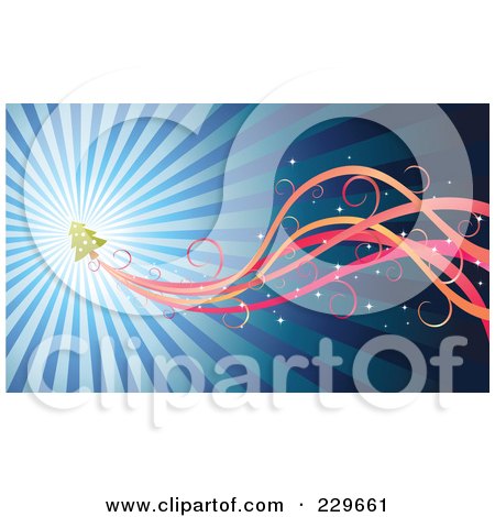 Royalty-Free (RF) Clipart Illustration of a Rocket Christmas Tree With Colorful Waves Over Blue Rays by Qiun