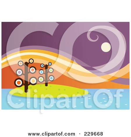 Royalty-Free (RF) Clipart Illustration of a Background Of Swirl Clouds Above Trees On An Island by Qiun