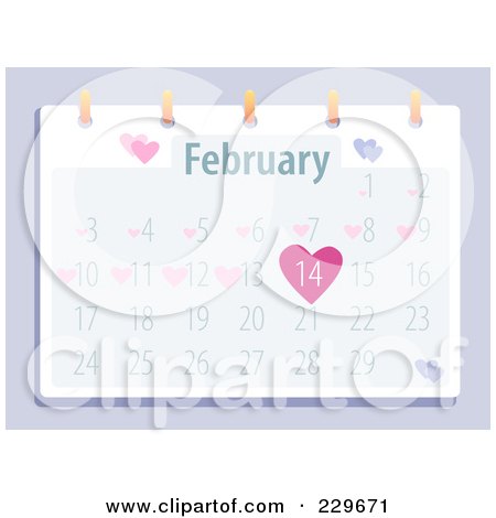 Royalty-Free (RF) Clipart Illustration of a February Valentine's Day Calendar On Purple by Qiun