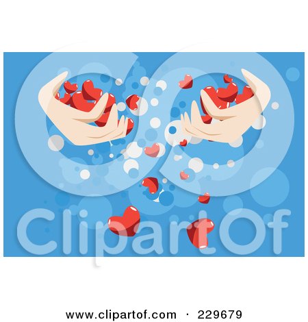 Royalty-Free (RF) Clipart Illustration of a Pair Of Hands Holding Red Hearts Over Blue by mayawizard101