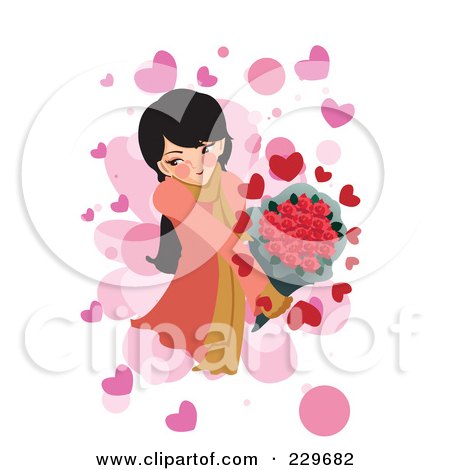 Royalty-Free (RF) Clipart Illustration of a Blushing Girl Holding Flowers Over Pink And White by mayawizard101