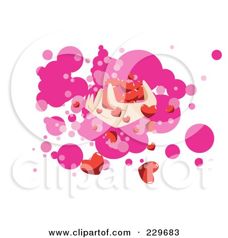 Royalty-Free (RF) Clipart Illustration of a Hand Holding Tiny Red Hearts Over Pink And White by mayawizard101
