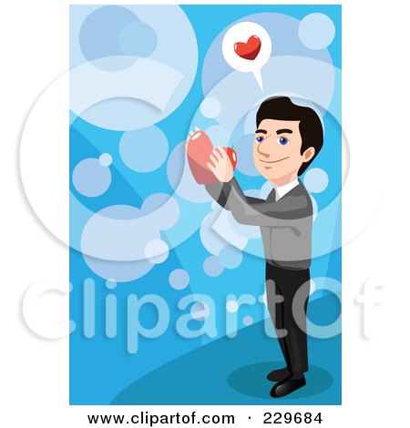 Royalty-Free (RF) Clipart Illustration of a Happy Man Holding A Heart Over Blue by mayawizard101
