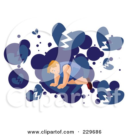 Royalty-Free (RF) Clipart Illustration of a Broken Hearted Man On His Hands And Knees Over White And Blue by mayawizard101