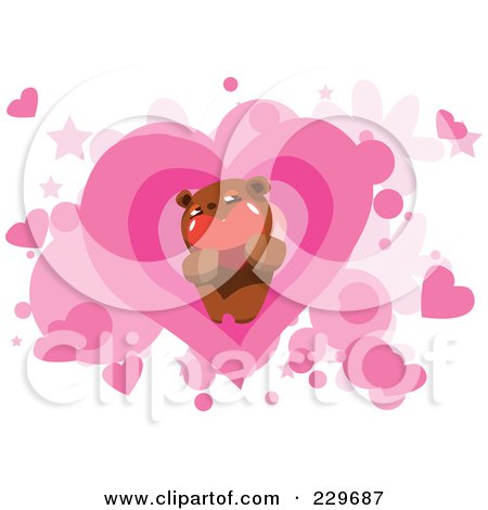 Royalty-Free (RF) Clipart Illustration of a Teddy Bear Holding A Heart Over Pink Hearts And Stars On White by mayawizard101